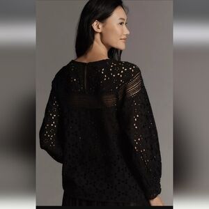 By Anthropologie Lace Cutwork Black Blouse, Size Large